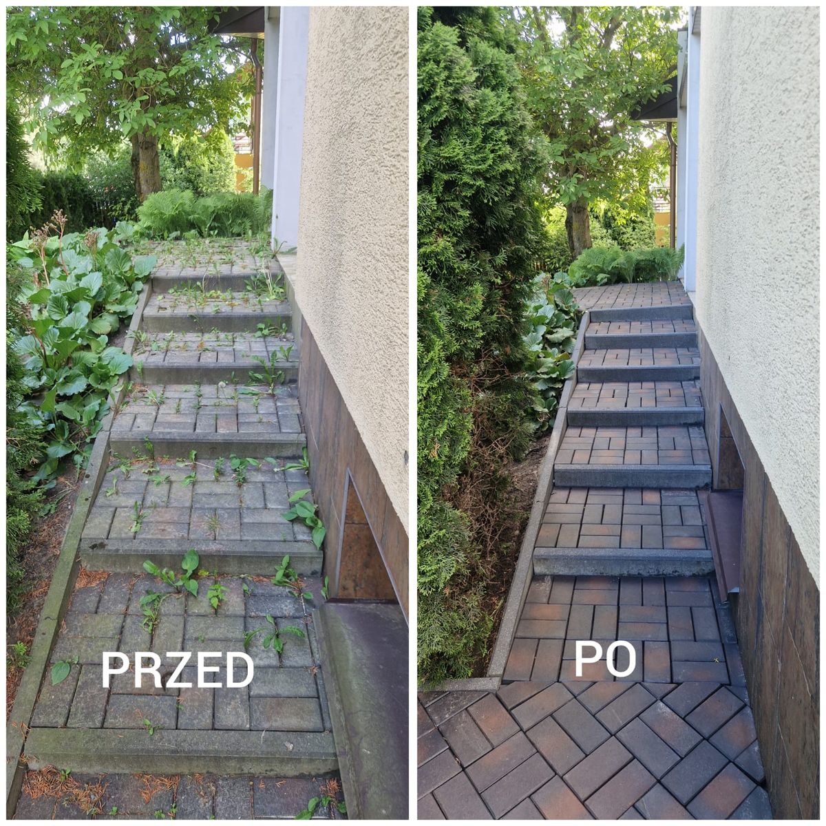 Porównanie przed i po czyszczeniu — schody i podjazd