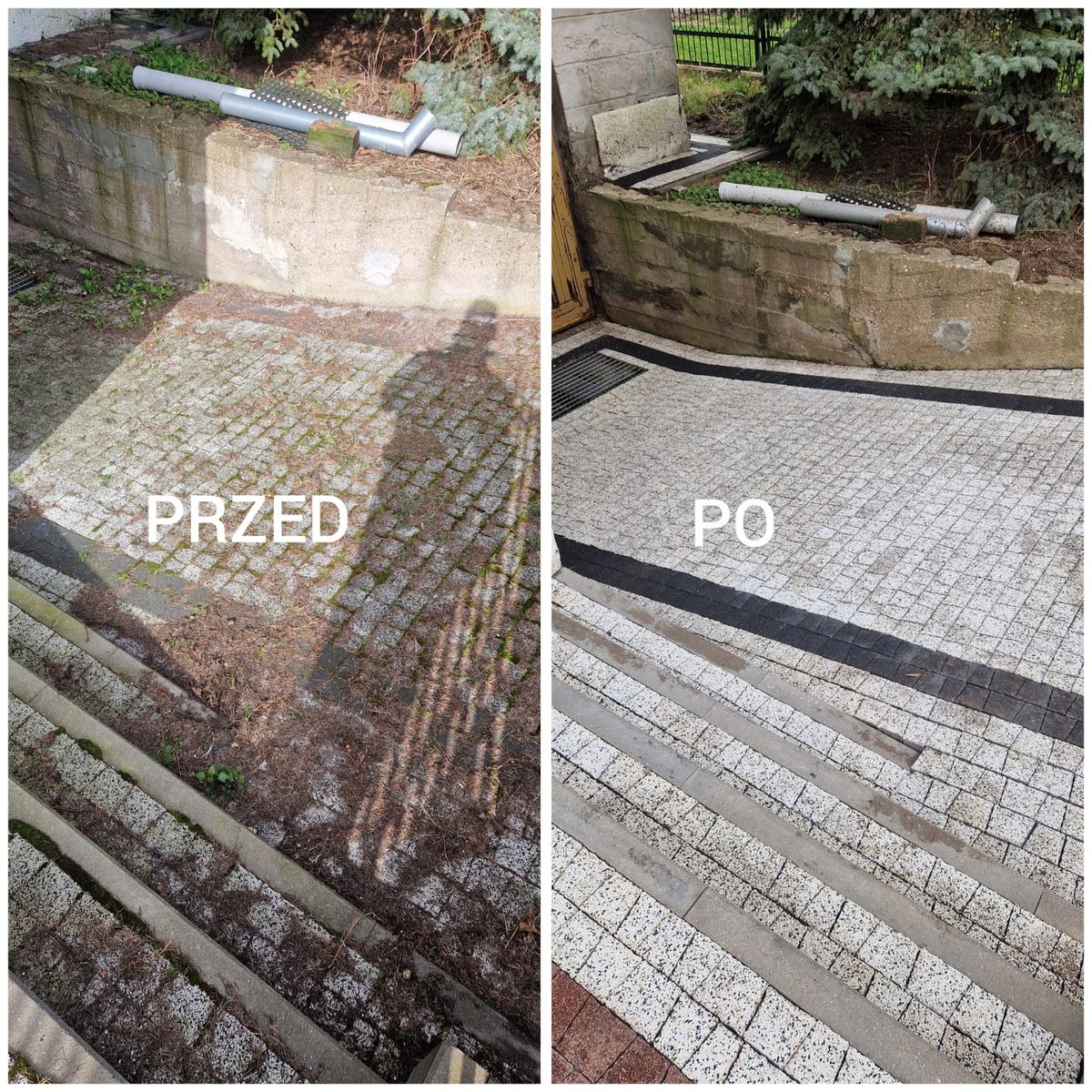 Porównanie przed i po czyszczeniu — taras przy murze