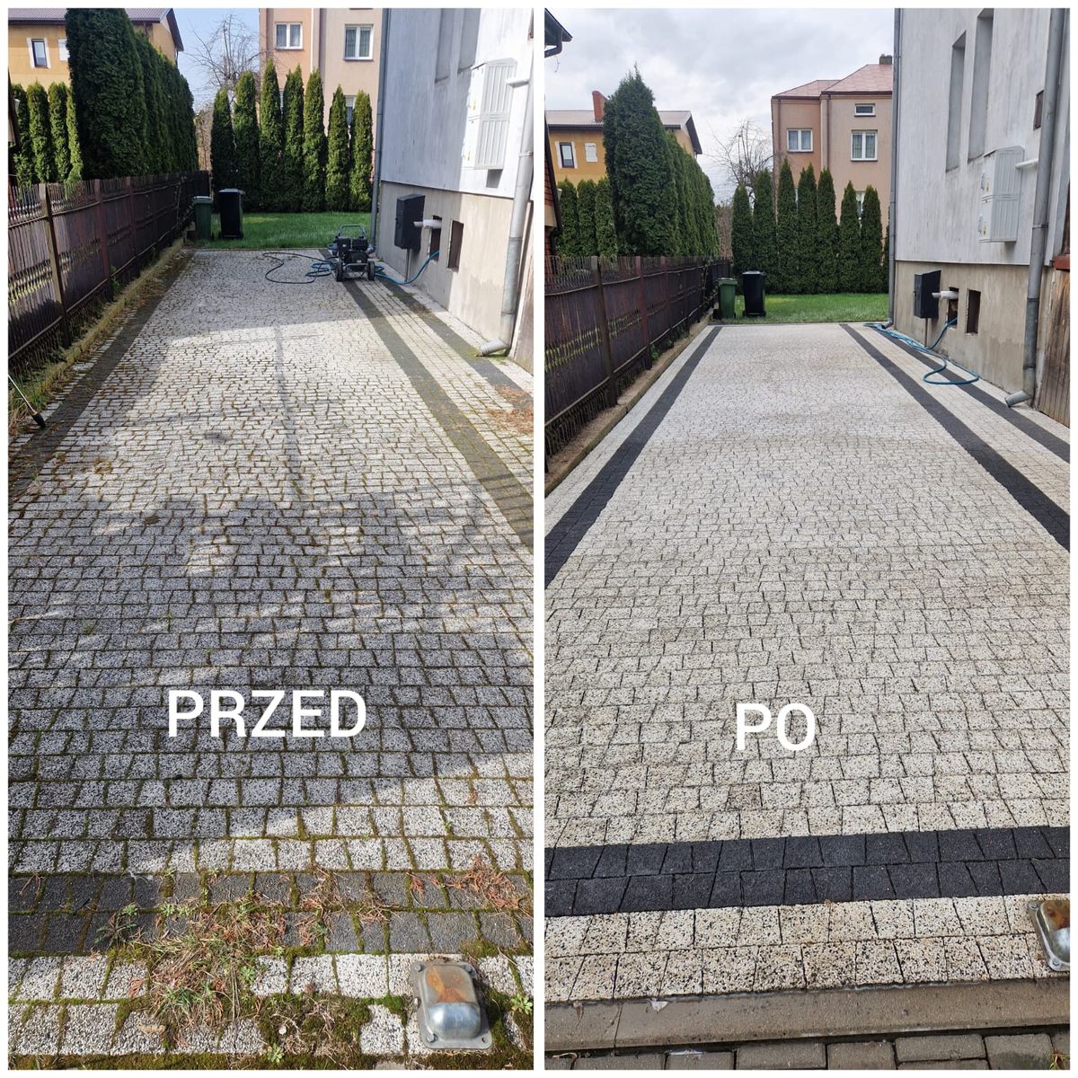 Porównanie przed i po czyszczeniu — wjazd przy bramie